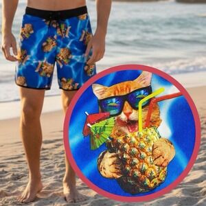 Bioworld Pineapple Cat Cocktail Board Shorts Mens M Hawaiian Tropical Swim Trunk